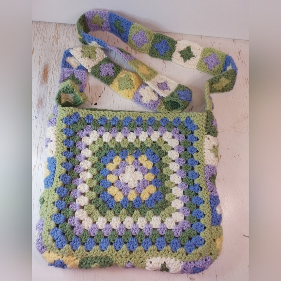 Colorful Hand Crafted Crochet Granny Square Crossbody Purse Boho Lined Handbag - Picture 6 of 12